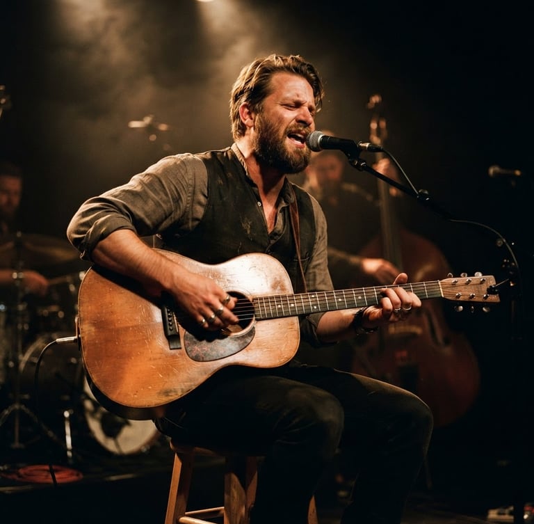 Dramatic stage photography of a folklore musician playing an acoustic guitar, warm backlights, deep shadows, rich copper tones, cinematic 35mm.