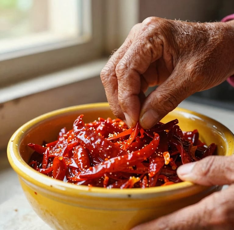 Close-up portrait shot of an elder's hands carefully sealing a traditional ceramic barani filled with bright red chilli pickle, warm side-lighting, rich saturated red and yellow tones, macro depth of field.