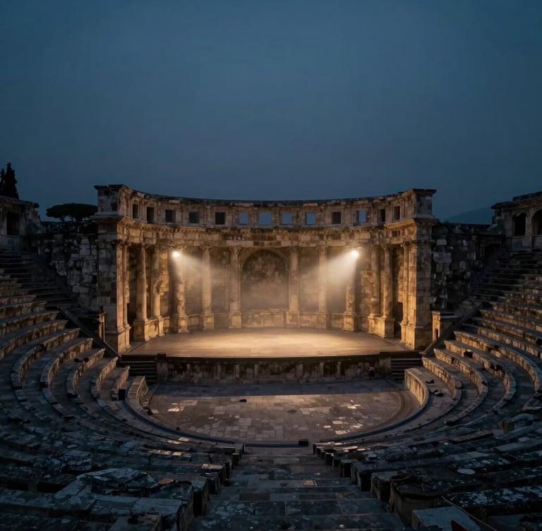 Wide-angle cinematic photography of an ancient stone amphitheatre at twilight, mist rising from the stage, soft gold and midnight blue lighting.