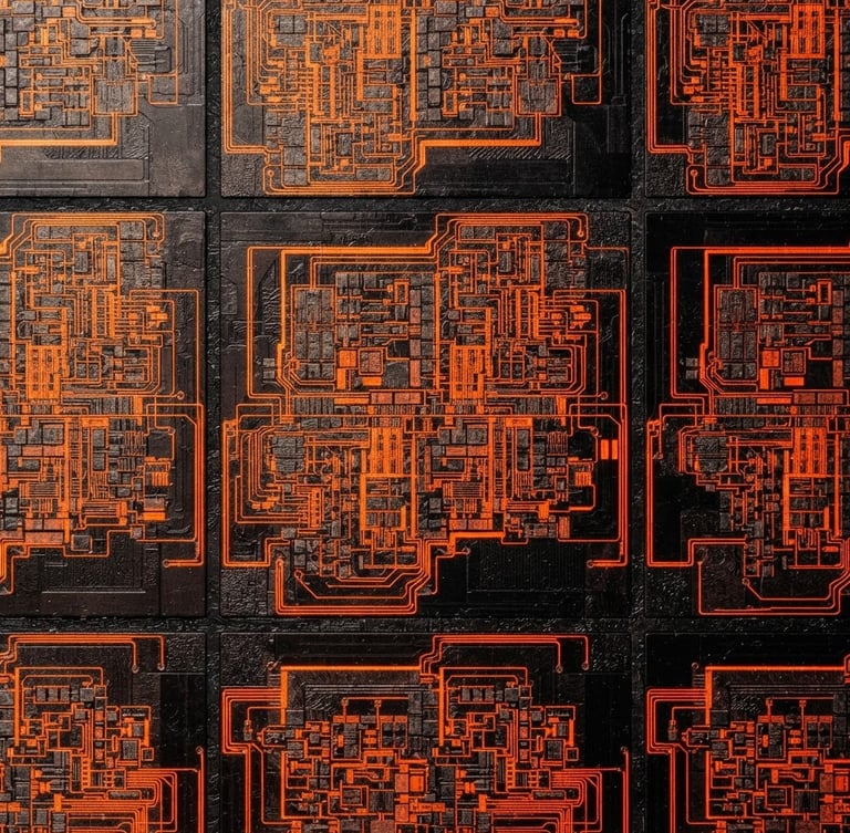 Extreme close-up of a vintage silicon wafer with neon orange circuit traces, high-contrast dark mode, sharp macro lens, orthographic view.