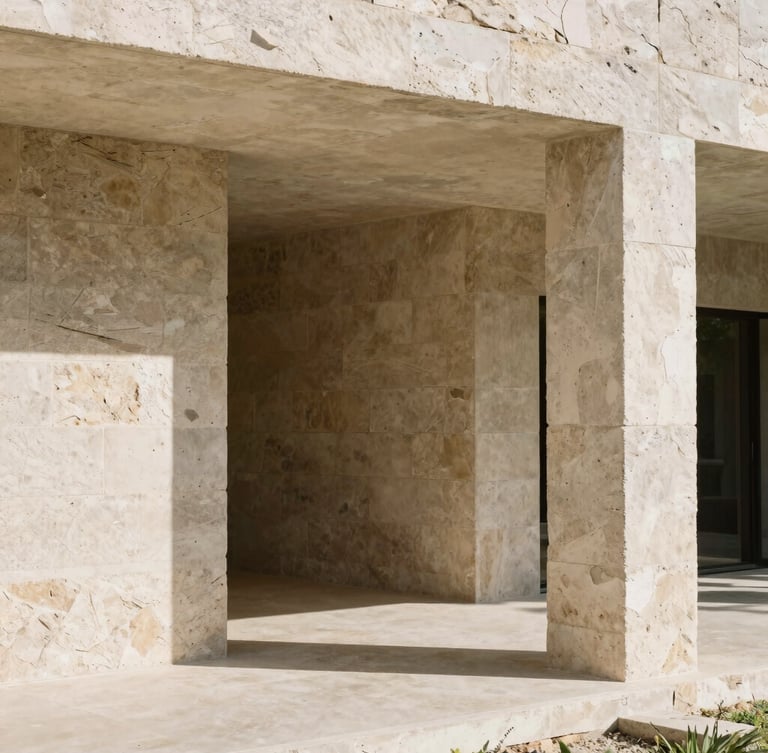 Warm editorial photography of a clean architectural concrete structure under bright Yucatecan sunlight, high-contrast shadows, 35mm