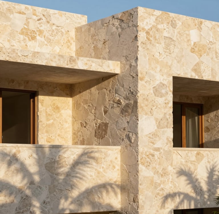 Architectural detail of a finished luxury development in Tulum, textured chukum walls under high-contrast golden hour shadows, 35mm