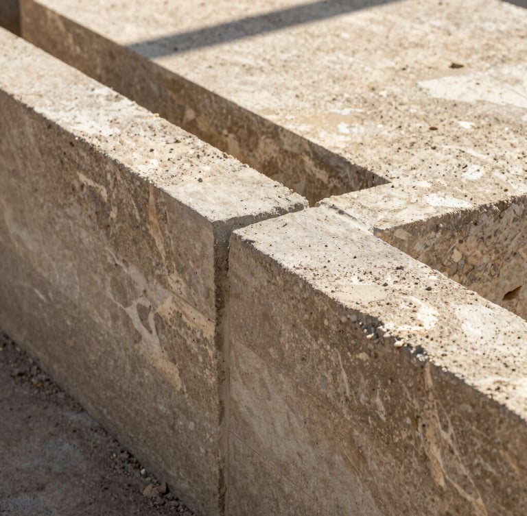 Close-up of freshly poured wet concrete texture with sharp geometric lines, warm natural Yucatecan sunlight casting deep shadows, 35mm editorial photography