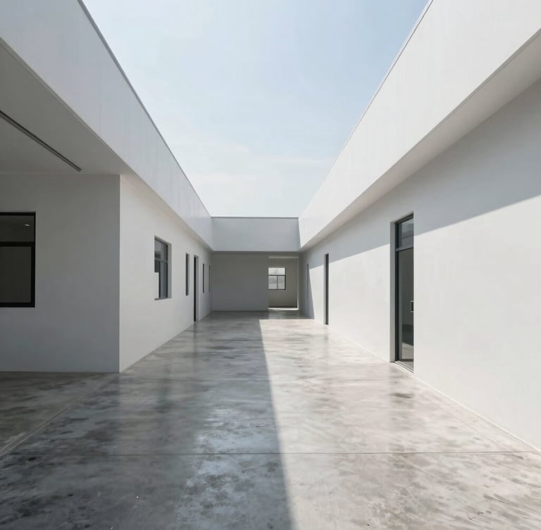 Bright daylight architectural shot of a clean, minimalist commercial facility corridor with sharp geometric lines and pristine polished concrete flooring.