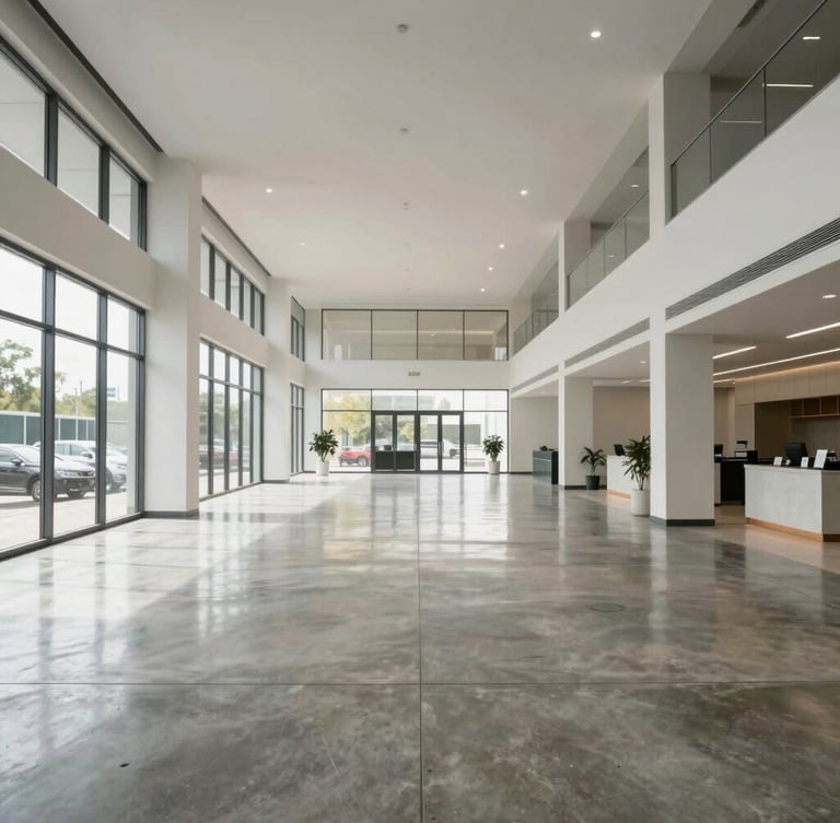 Wide architectural shot of a pristine commercial lobby, clean lines, polished concrete flooring reflecting bright neutral daylight, completely ordered space.