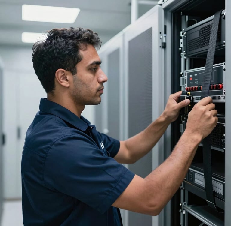 A medium close-up of a uniformed logistics professional in a navy blue shirt carefully securing a server rack with heavy-duty straps in a modern, bright Abu Dhabi server room, clean lighting.