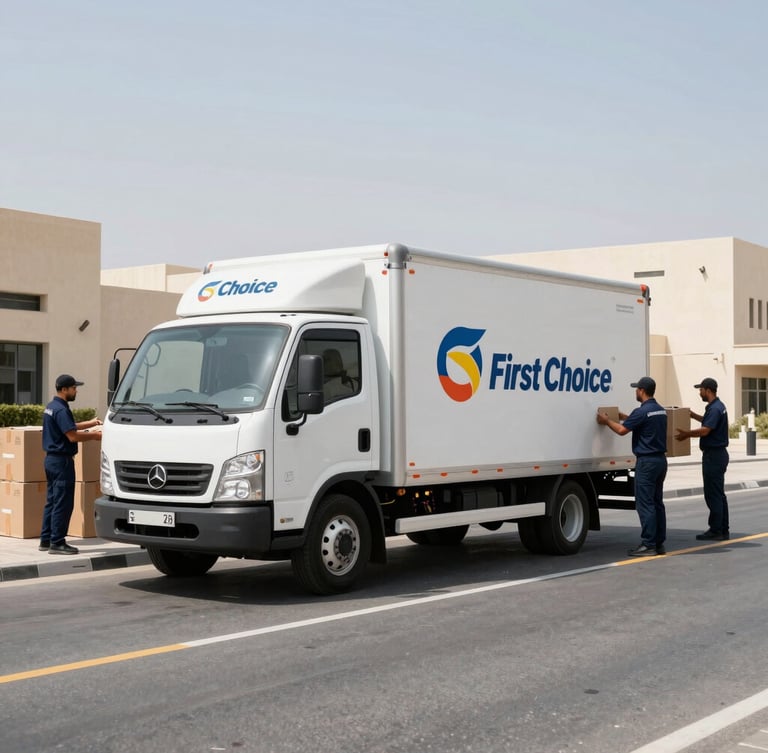 Wide-angle photograph of a clean, branded First Choice moving truck parked on a sunlit street in Zayed City, professional uniformed crew members in deep navy uniforms preparing double-walled boxes in the background, sharp natural UAE daylight.
