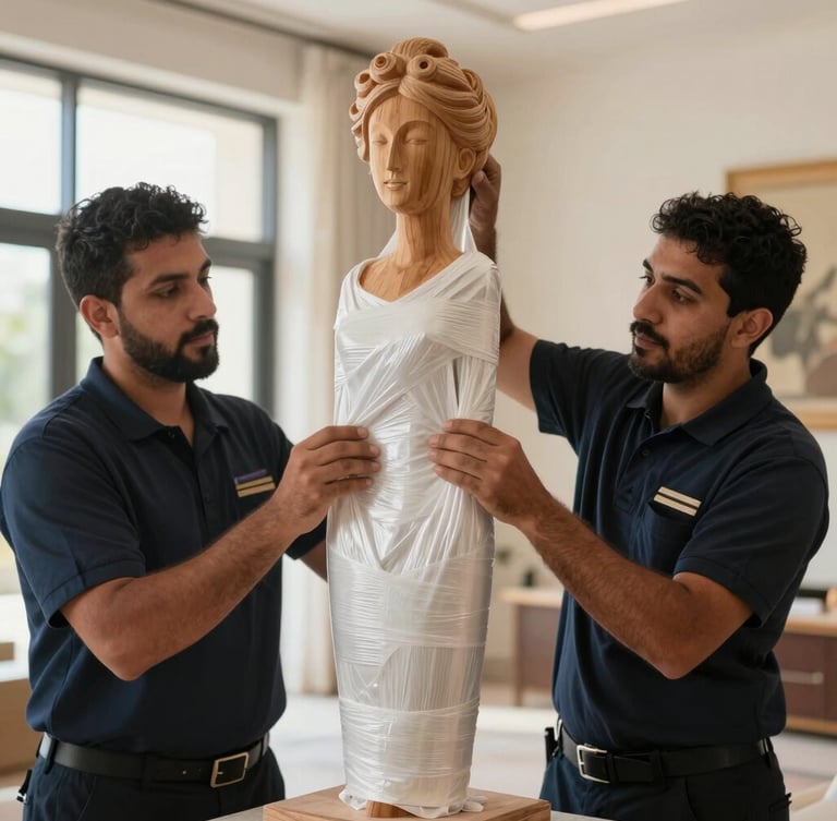 A close-up of a uniformed mover carefully applying thick, double-walled protective wrapping to a delicate wooden sculpture inside a bright Abu Dhabi villa