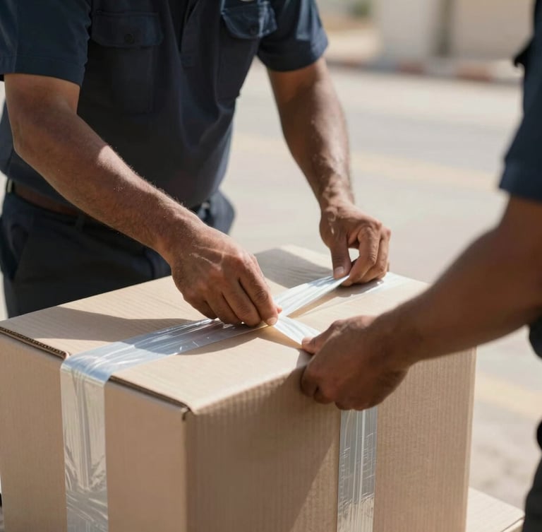 Medium close-up of a uniformed crew member securing heavy-duty double-walled boxes with reinforced tape, bright natural UAE daylight, focus on hands.
