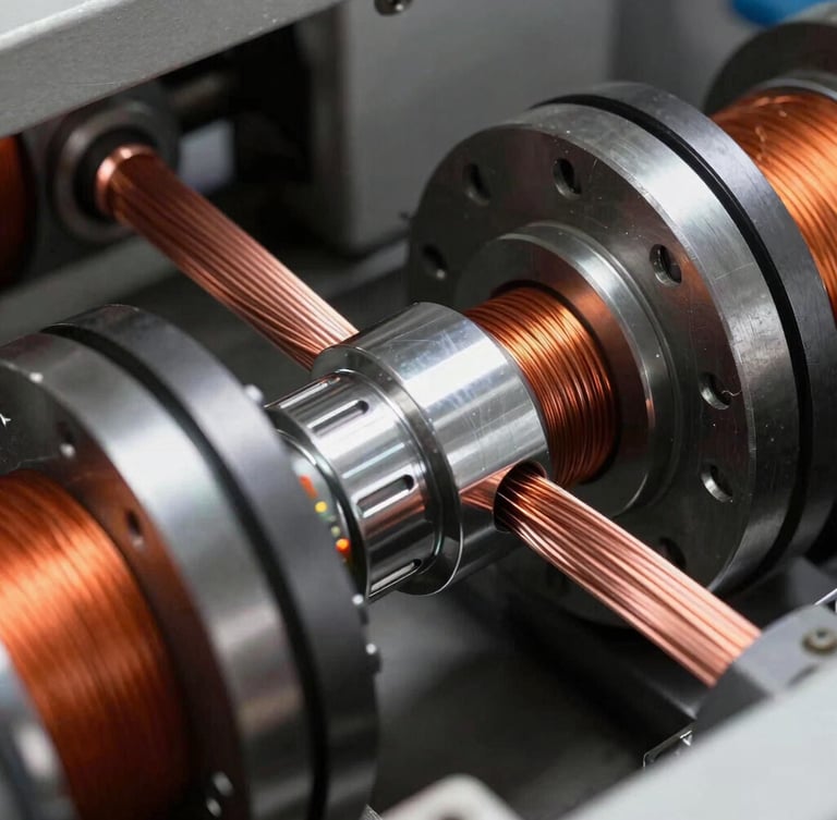 Macro portrait of an automated stator winding machine precision-wrapping copper wire onto a steel core, crisp industrial lighting, metallic reflections, high contrast