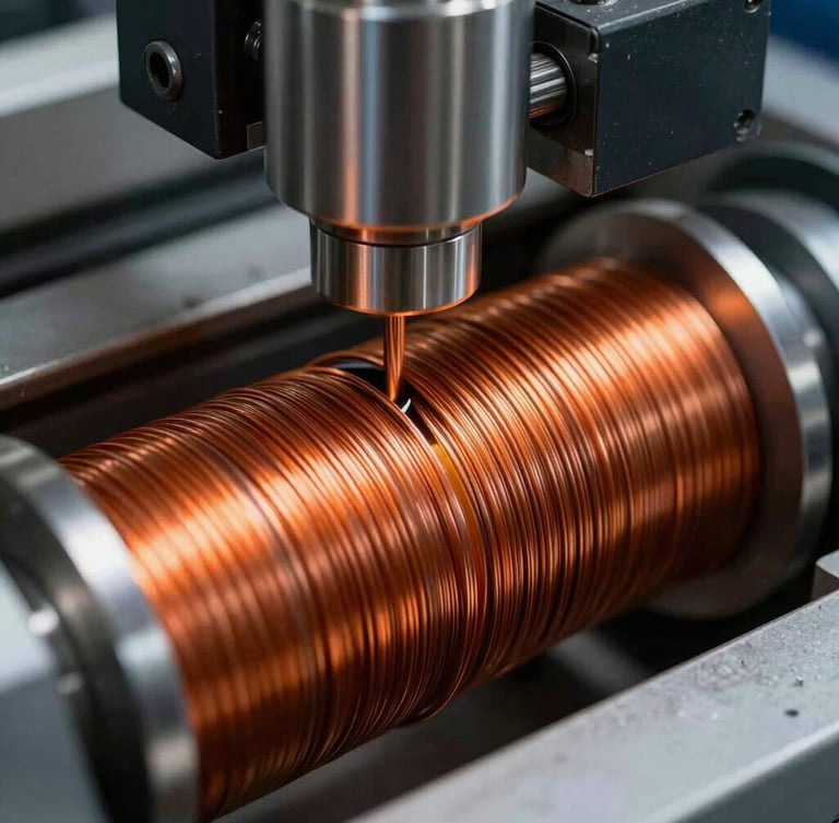 Macro close-up of high-speed automated copper winding machinery, bright orange copper wire tensioned on polished steel spindles, cool industrial studio lighting, sharp depth of field
