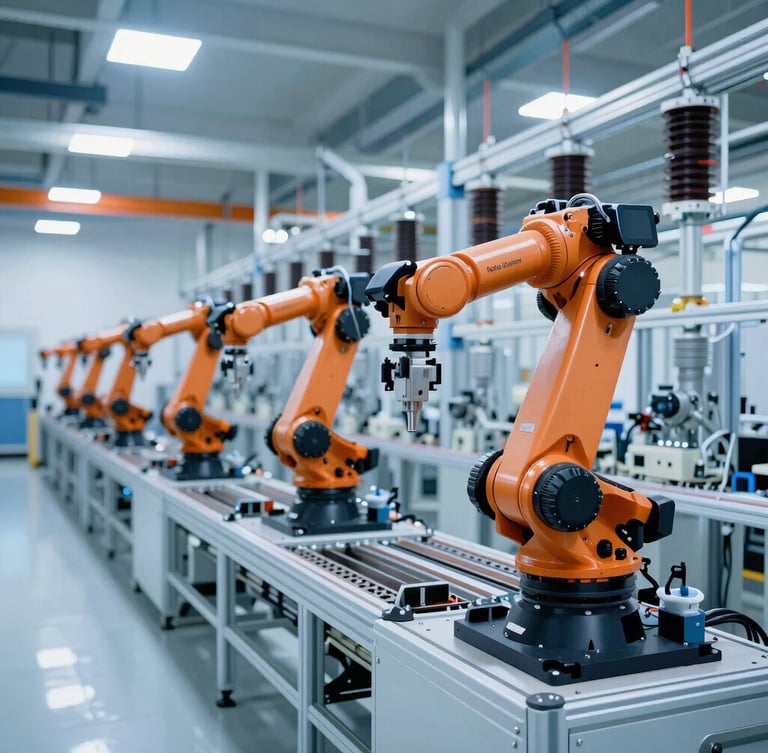 Wide-angle architectural shot of a modern, clean electrical manufacturing facility, automated robotic arms along a bright assembly line, cool blue and orange industrial lighting.