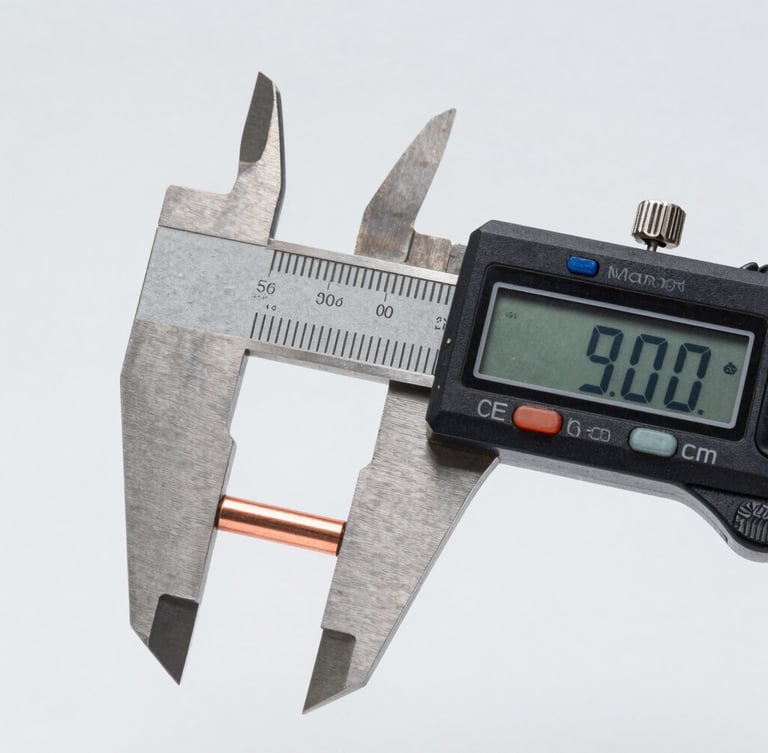 Macro photograph of a digital caliper measuring a copper heating rod, crisp metallic reflections, laboratory-grade clean background.