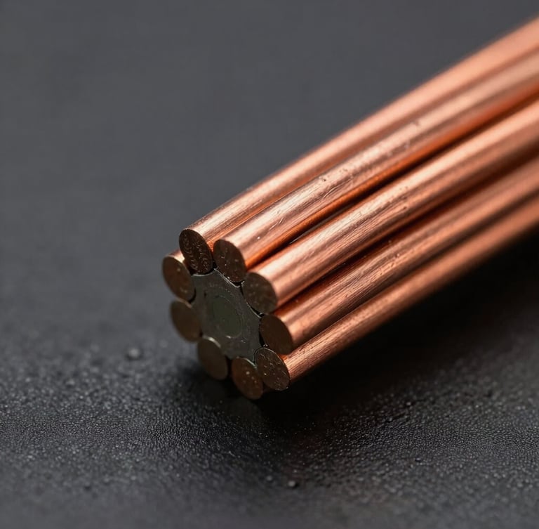 Macro cross-section view of heavy-insulated copper wiring showing precise 3-core layers, crisp studio lighting, metallic copper textures, deep charcoal background, high-contrast highlights.