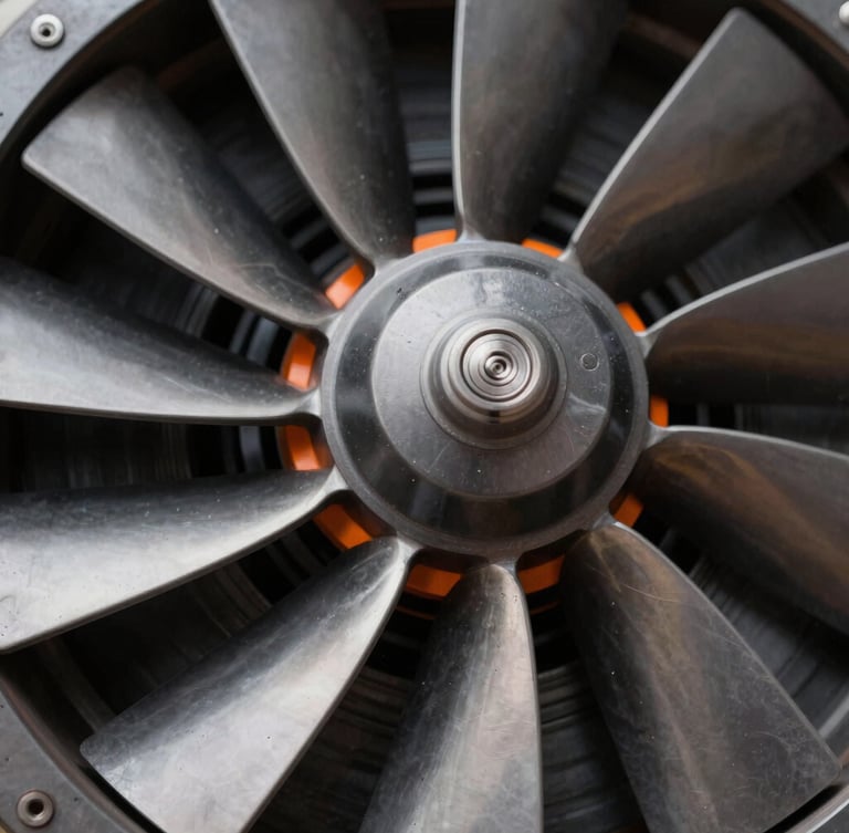 Macro close-up of high-speed industrial fan blades, crisp metallic textures, sharp studio lighting, deep charcoal and orange accents, depth of field