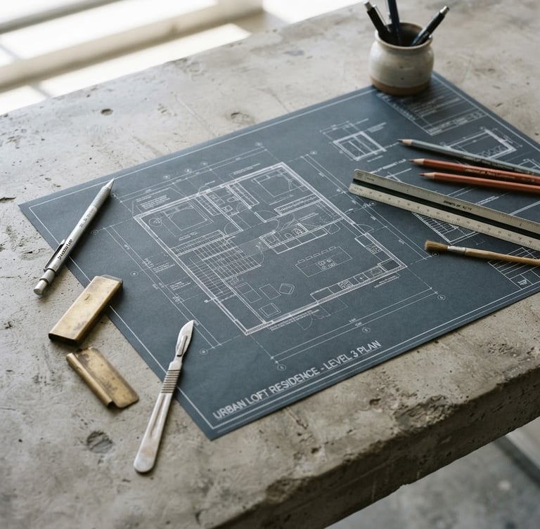 Architectural blueprint layout on a concrete table, sharp morning light, technical drawing tools, minimal composition, Hasselblad