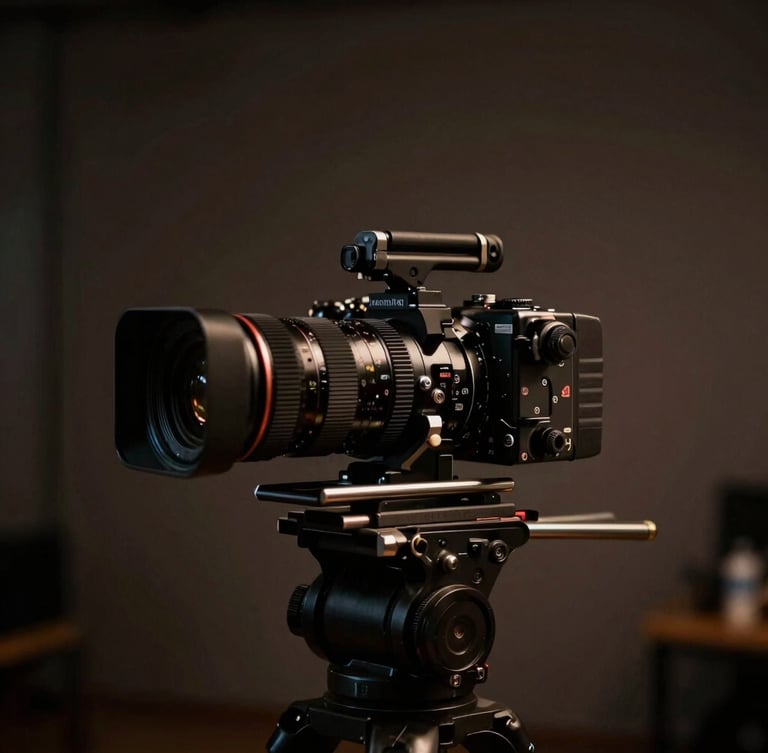 Wide anamorphic film crop of a high-ticket camera rig on a mood-lit commercial set, deep shadows, rich cinematic tones, 35mm lens