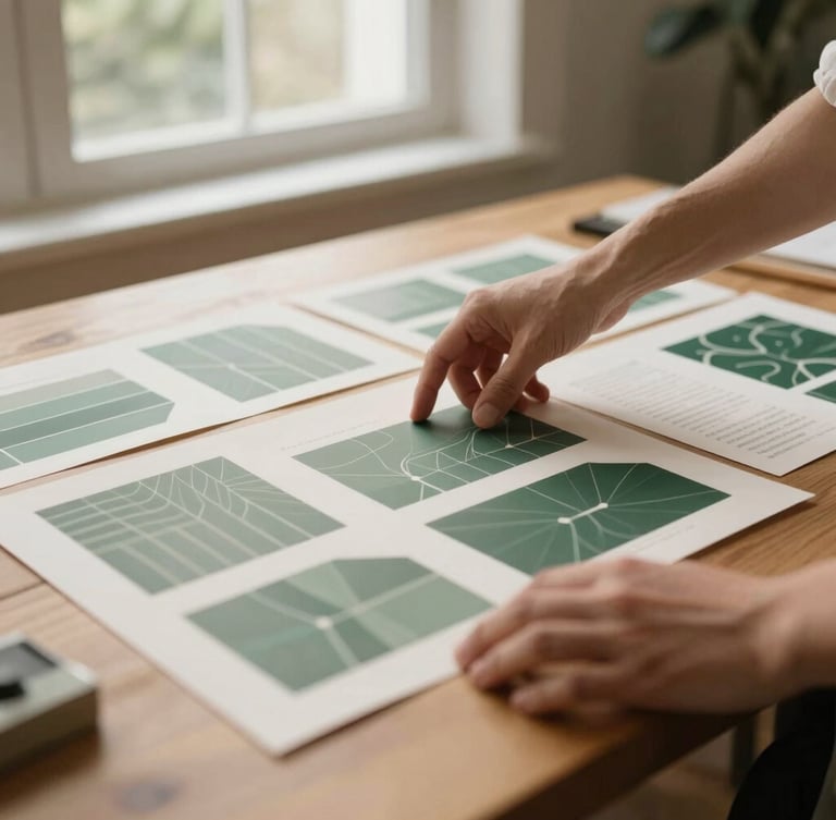 A hands-on view of a designer organizing printed copy concepts on a large wooden table, warm morning light, 35mm photography