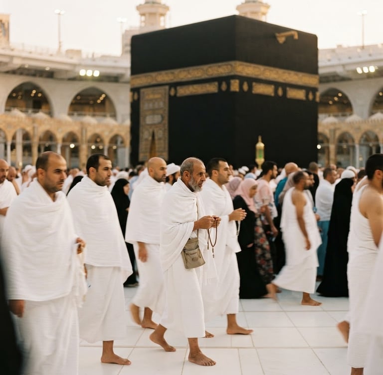 Warm editorial photography of pilgrims in white Ihram walking near the Kaaba during golden hour, soft sunlight, shallow depth of field, 35mm