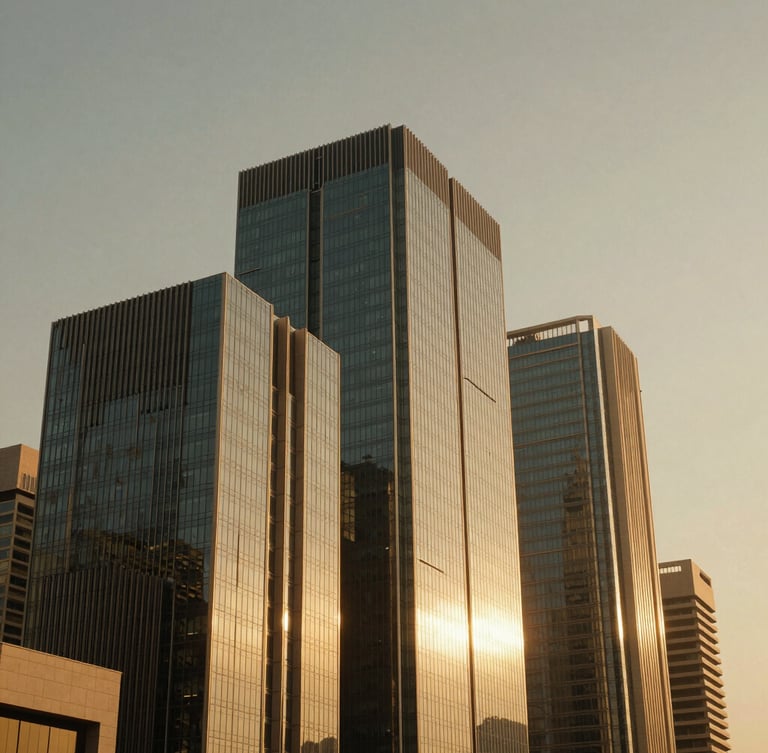 Warm editorial 35mm photography of modern Dubai architectural lines reflecting golden-hour light, sharp angles of steel and glass against a soft sky, wide cinematic composition.