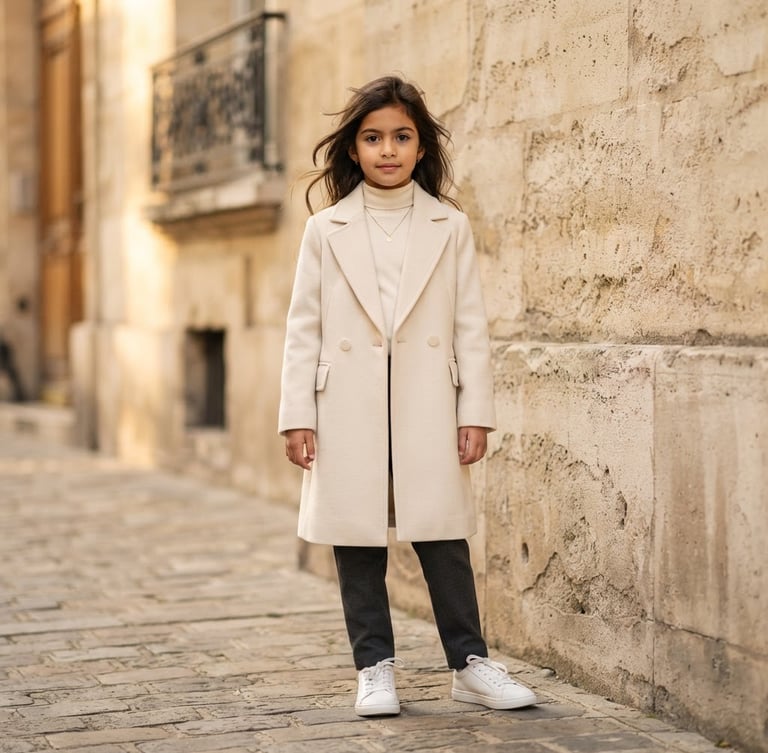 Editorial fashion portrait of a young girl in a minimalist cream wool coat and clean sneakers, standing against a bright stone wall in Paris, soft natural golden hour daylight, high-end editorial style
