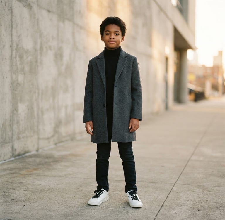 Editorial portrait of a stylish 10-year-old boy in a minimalist charcoal grey coat and white sneakers, standing against a clean concrete urban backdrop, soft golden hour sunlight, high-fashion photography style