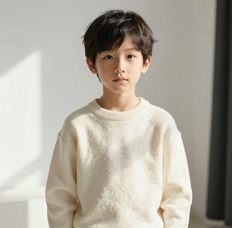 Elegant editorial portrait of a ten year old child in a minimalist bright room, wearing a cream wool sweater, soft natural daylight with warm gold highlights, shallow depth of field