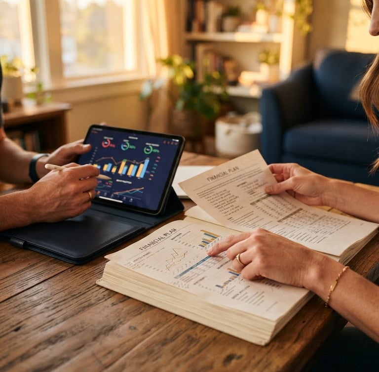 Close-up of hands reviewing financial planning documents and a tablet on a wooden table, warm golden hour light, rich navy accents.