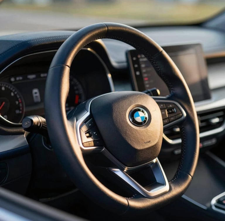A modern car steering wheel and dashboard, warm natural light reflecting on leather, shallow depth of field, premium.