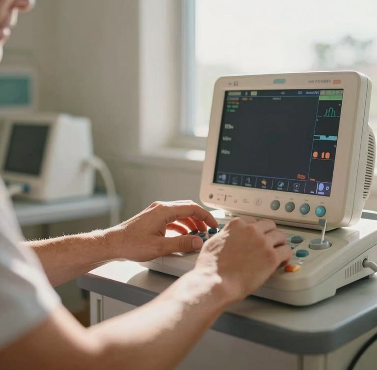 Close-up of hands calibrating a medical patient monitor in a bright, clean workshop, warm natural sunlight streaming through a window, 35mm lens.