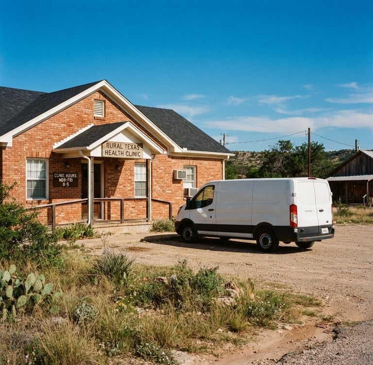 A white delivery truck parked outside a small brick rural Texas health clinic under bright, clear Texas sunlight, documentary style.