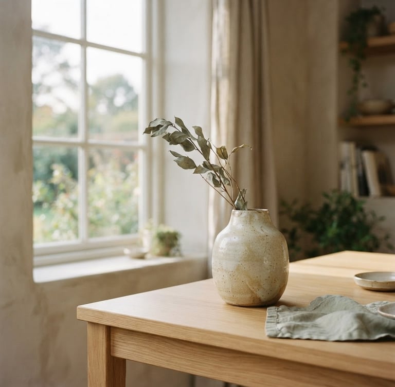 A sun-drenched minimalist interior with raw linen textures, a single ceramic vessel on a light oak table, soft morning window light, shallow depth of field.