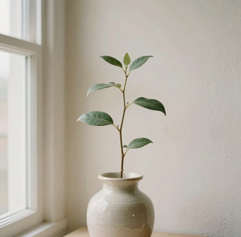 Vertical portrait of a single botanical stem in a handmade ceramic vessel, set against a textured plaster wall, soft morning window light, shallow depth of field