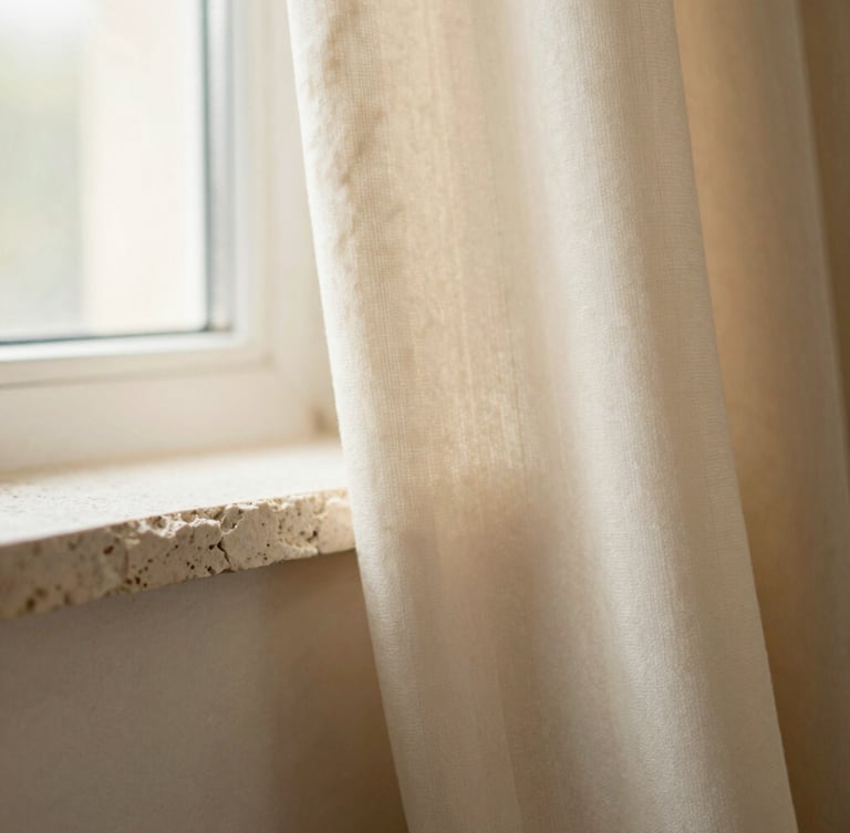 Extreme close-up of textured limestone and raw silk fabric catching soft morning window light, warm cream tones, 35mm.