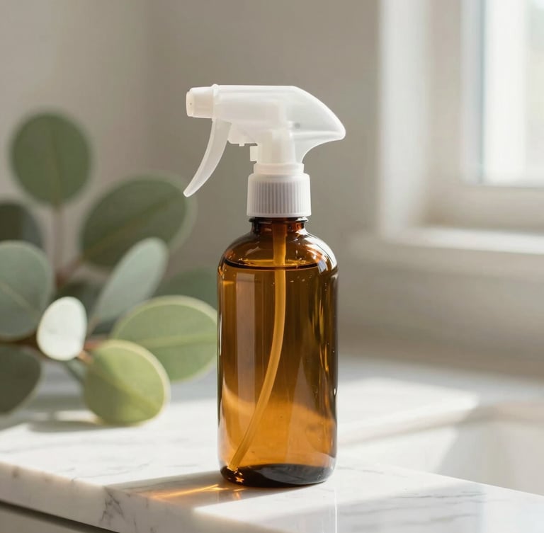 Close-up of a botanical cleaning spray in an amber glass bottle sitting on a pristine marble countertop, soft sage green foliage in the background, warm natural morning light, 35mm