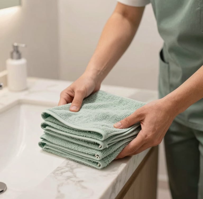 Close-up of a professional cleaner in a neat uniform placing folded organic cotton towels onto an immaculate marble bathroom counter, soft neutral lighting, 35mm