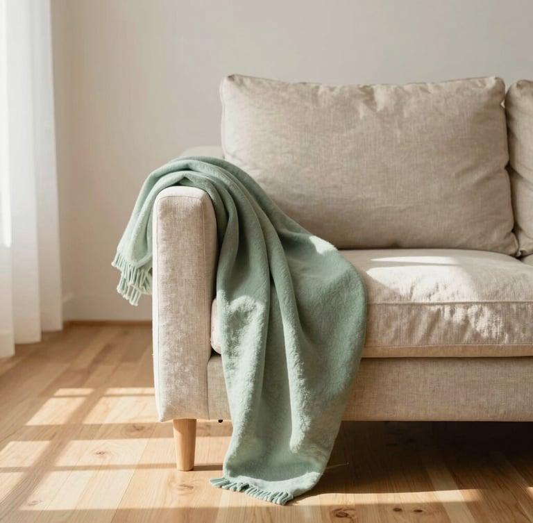 Bright sun-drenched minimalist living room with polished wood floors, a soft sage green throw on a beige linen couch, warm natural daylight streaming in.