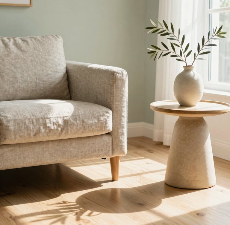 Sun-drenched, immaculate living room with soft linen textures, polished light oak floors, and a delicate olive branch in a ceramic vase on a warm beige table, bright natural daylight, 35mm