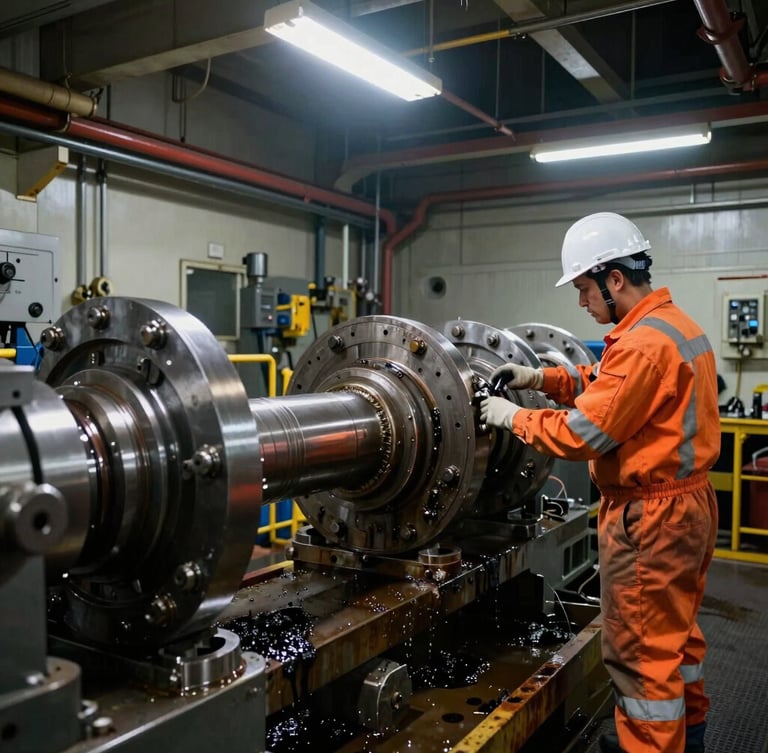 An experienced marine engineer in high-visibility orange gear calibrating a large crankshaft inside a maritime workshop, dramatic industrial lighting, high-contrast shadows
