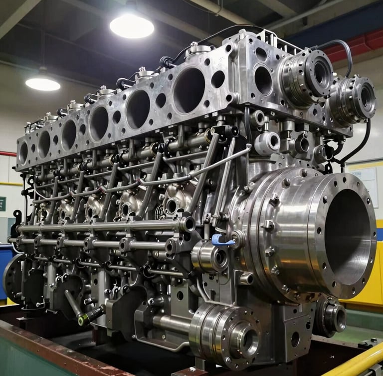 Close-up of a massive marine diesel engine cylinder head, harsh overhead industrial work lights, high-contrast steel and grease tones, wide-angle technical lens