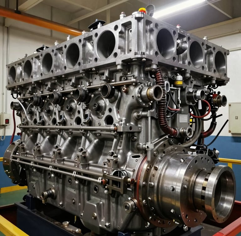 Close-up of a massive marine diesel engine cylinder head, harsh engine room lighting, high-contrast steel and grease tones, wide-angle technical lens