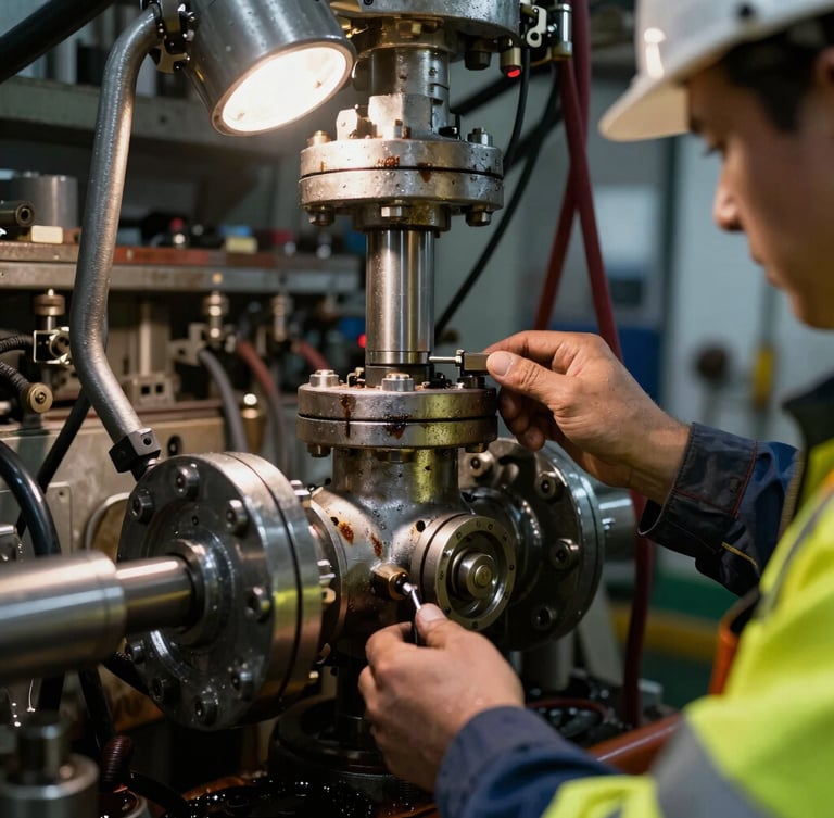 Close-up macro shot of a marine engineer in high-visibility gear calibrating a heavy-duty hydraulic valve, dramatic industrial lighting, harsh shadows.