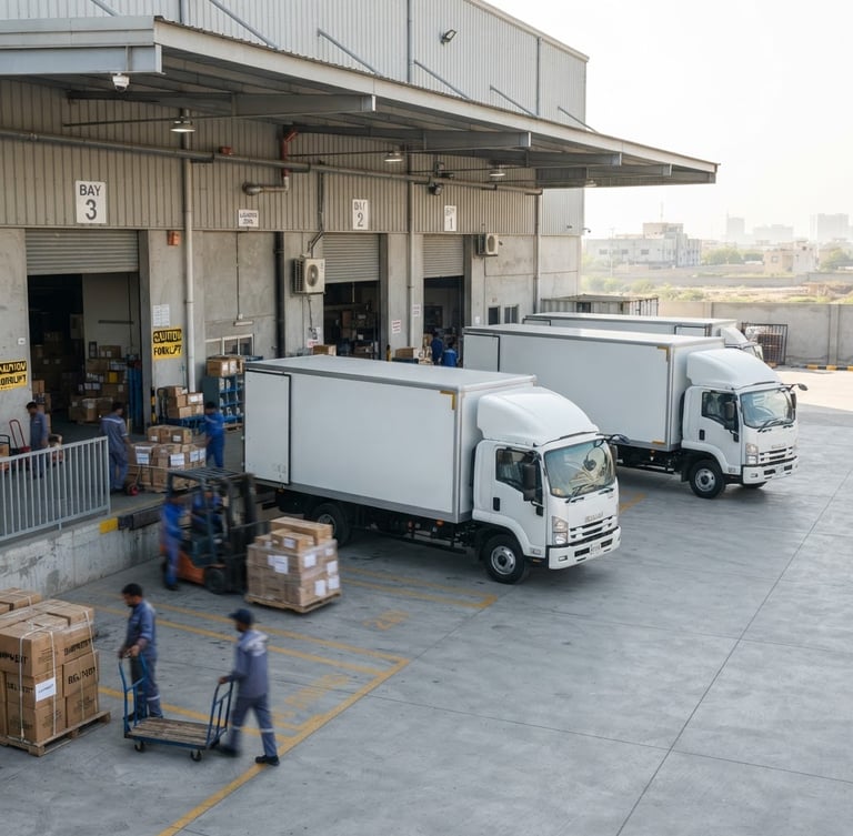 Bright commercial photography of branded delivery trucks parked in a clean warehouse loading bay in Multan, crisp morning daylight, sharp focus, 35mm lens.