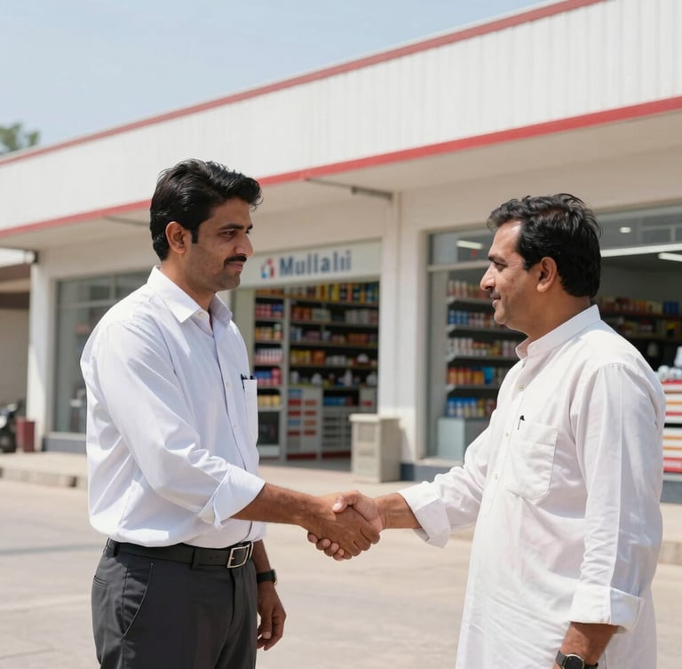 A professional handshake between a distributor representative and a local retail shop owner outside a clean store in Multan, bright daytime, 35mm lens.