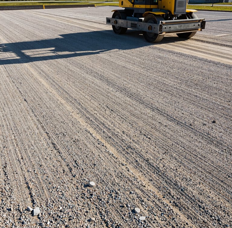 Low-angle architectural shot of a freshly graded gravel sub-base, heavy steel compaction equipment, bright Georgia morning sunlight casting long shadows.