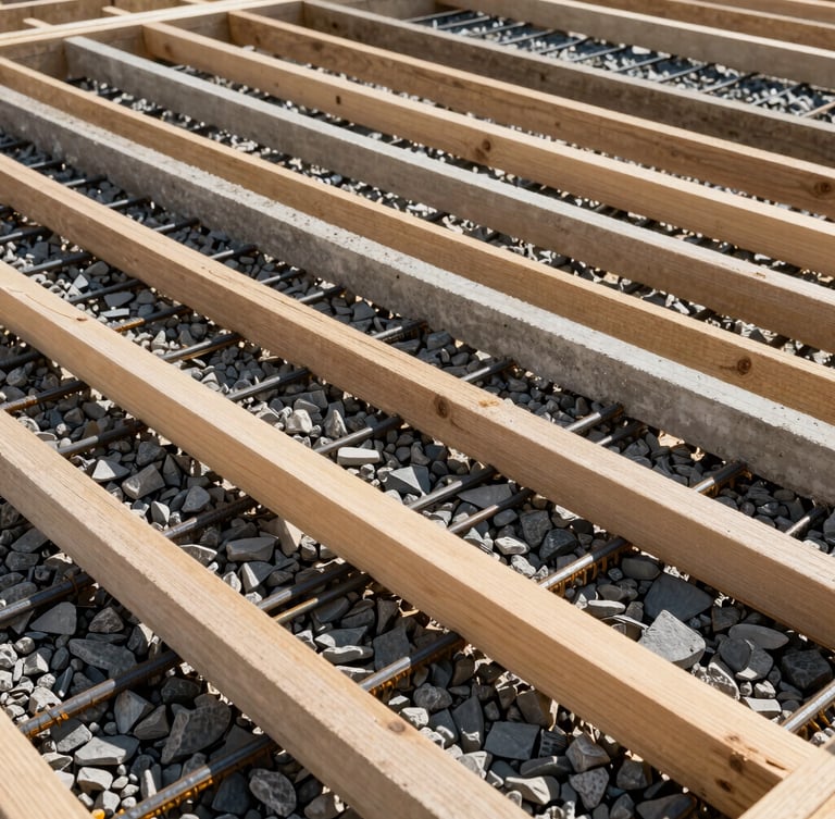 Close-up architectural photograph of clean wooden formwork with steel rebar grid laid over compacted gravel, bright afternoon sunlight highlighting textures.