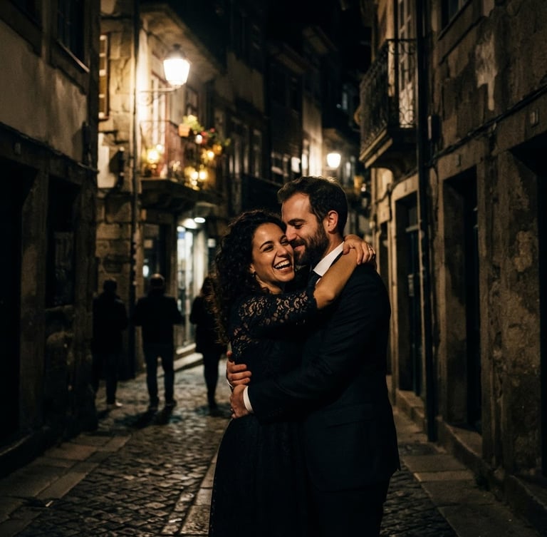 Cinematic high-contrast portrait of Sofia and Miguel, unposed, embracing on a historic street in Porto, dramatic low-key lighting, deep shadows, architectural backdrop, 35mm film grain, warm golden accents.