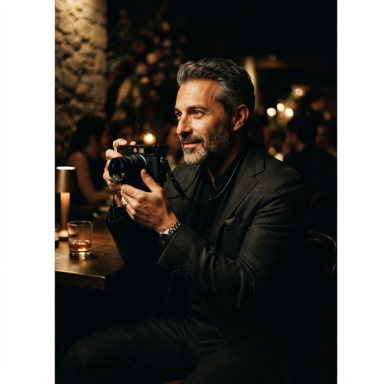 Professional portrait of Fabio Ramunno, a male photographer with a sophisticated, artistic demeanor, against a soft, dark background, cinematic low-key lighting, deep shadows, warm golden accents, rich contrast, 35mm film grain.