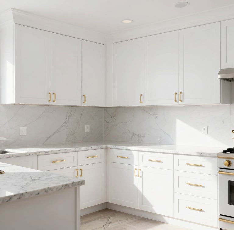 Bright newly remodeled kitchen with clean white cabinets, quartz countertops, natural daylight, warm gold hardware, straight-on architectural angle