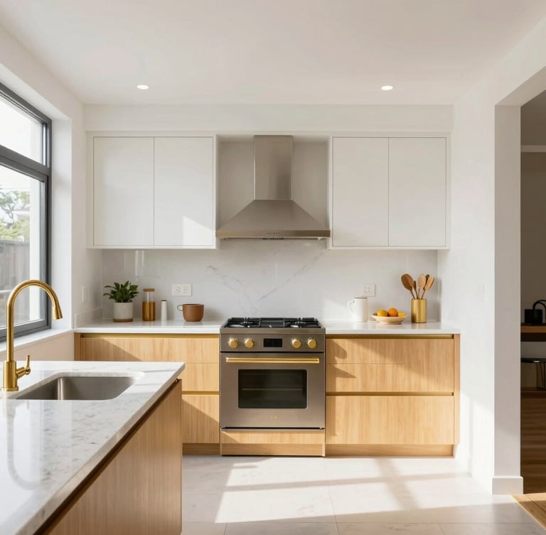 Straight-on architectural photograph of a bright, newly remodeled kitchen with clean quartz countertops and warm gold fixtures, natural daylight pouring in.